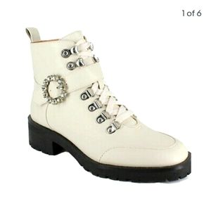 Nanette lepore winter white rhinestone buckle combat boots